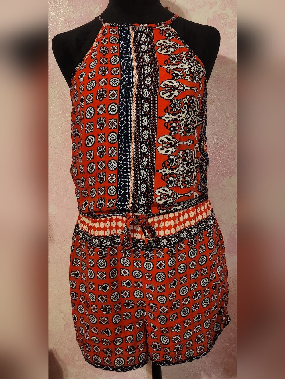 Tobi Orange and Black Printed Halter Romper